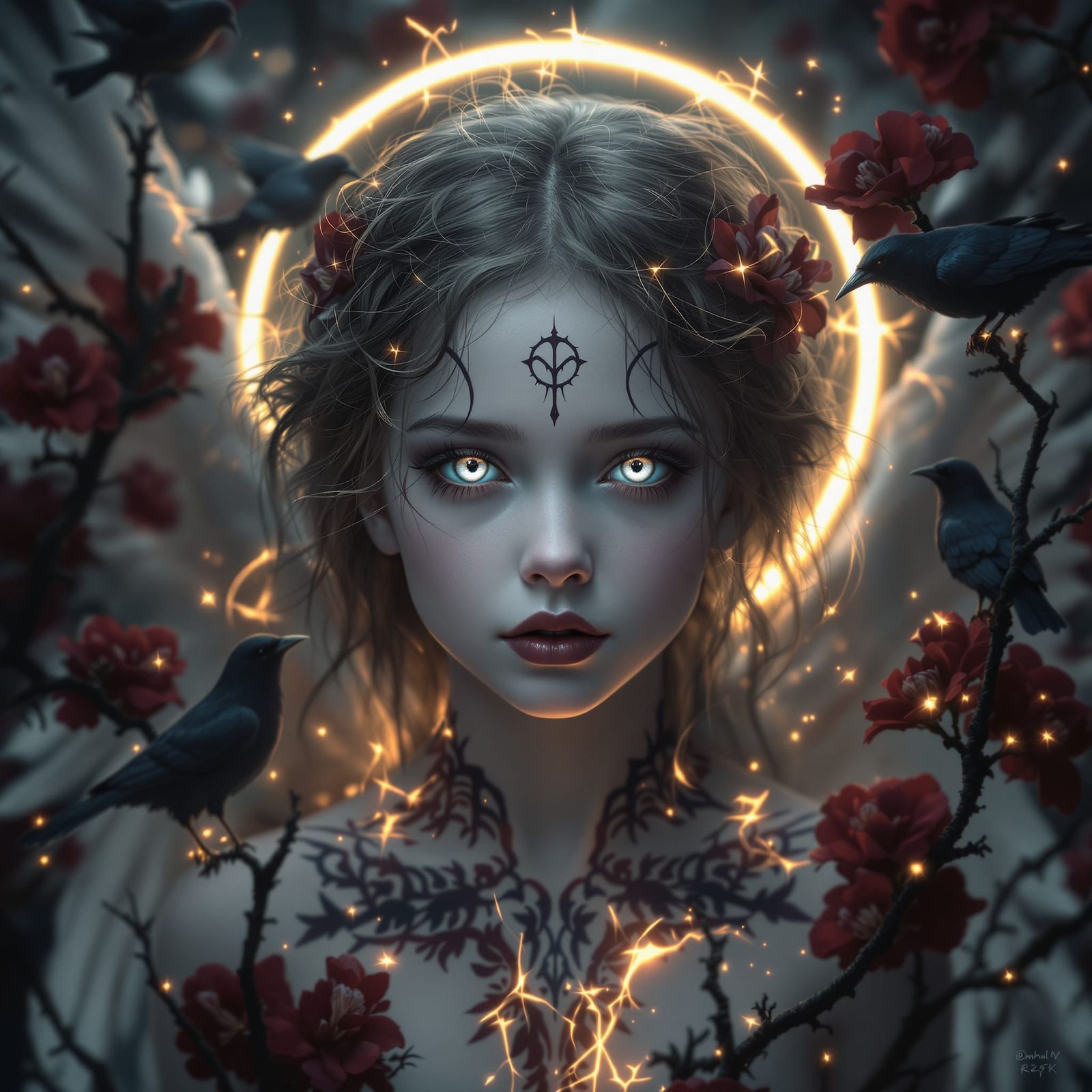 Dark Fantasy Angelic Child Portrait with Crimson Flowers