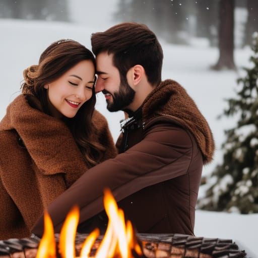 Cozy Winter Cuddle: Ultra Realistic Couple by Fireplace