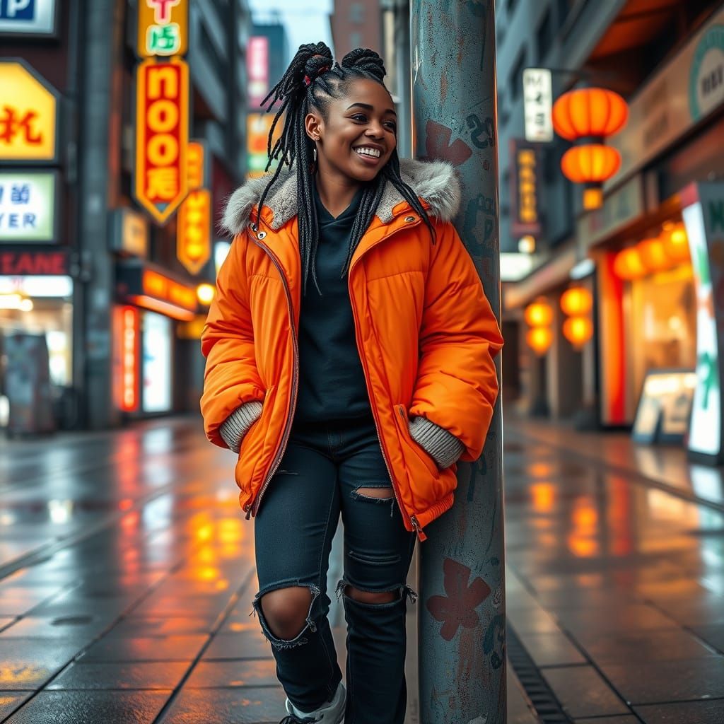 Young Woman in Vibrant Streetwear Style, Inspired by Urban T...
