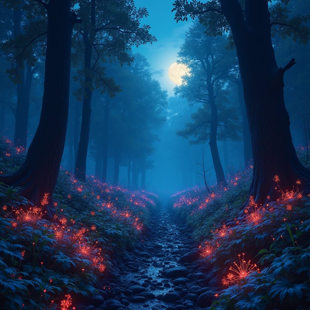 Bioluminescent Forest at Night in Photorealistic Style