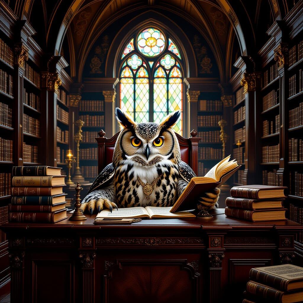 Anthropomorphic Owl Librarian in Fantasy Art Style