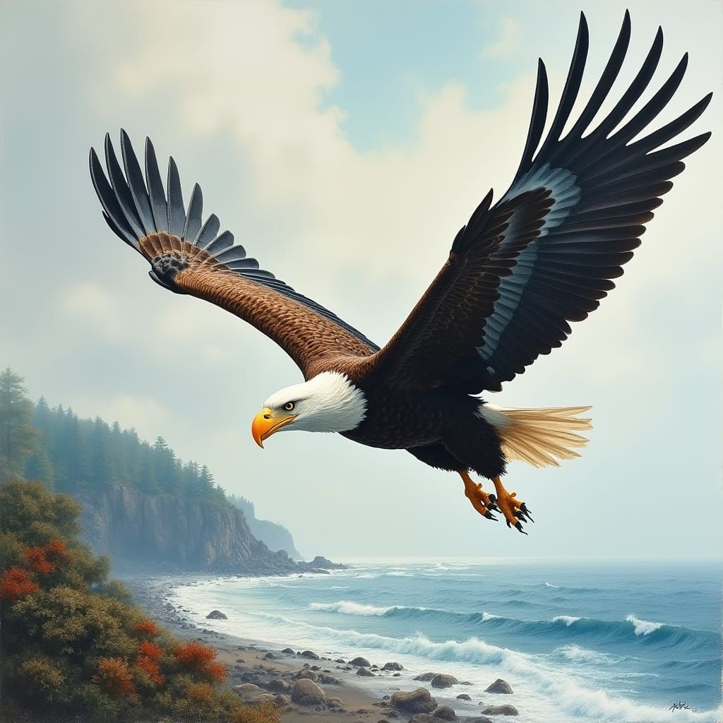 Bald Eagle Soaring Over Ocean Shoreline