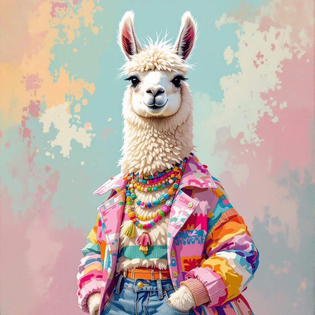 Trendy Llama Posing with Confidence: Vibrant Illustration