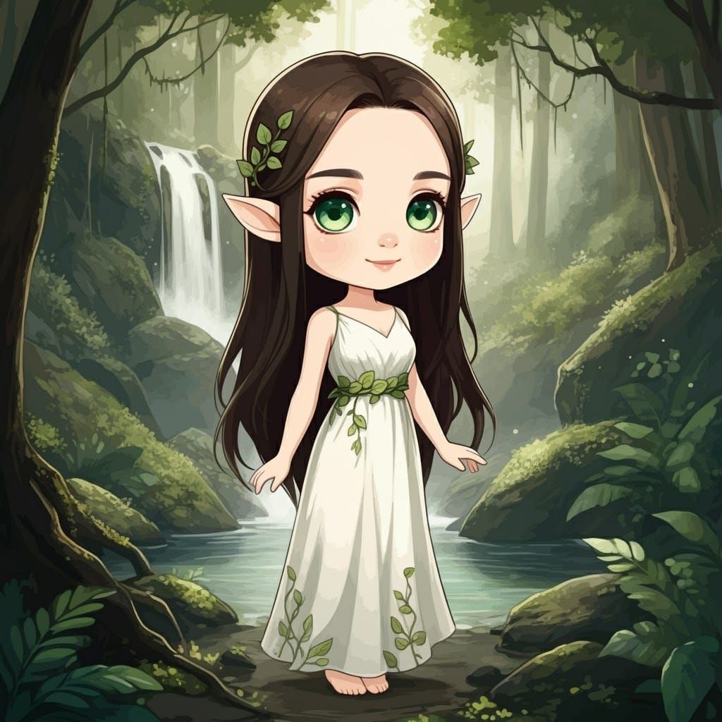 Chibi Woodland Nymph by a Forest Waterfall