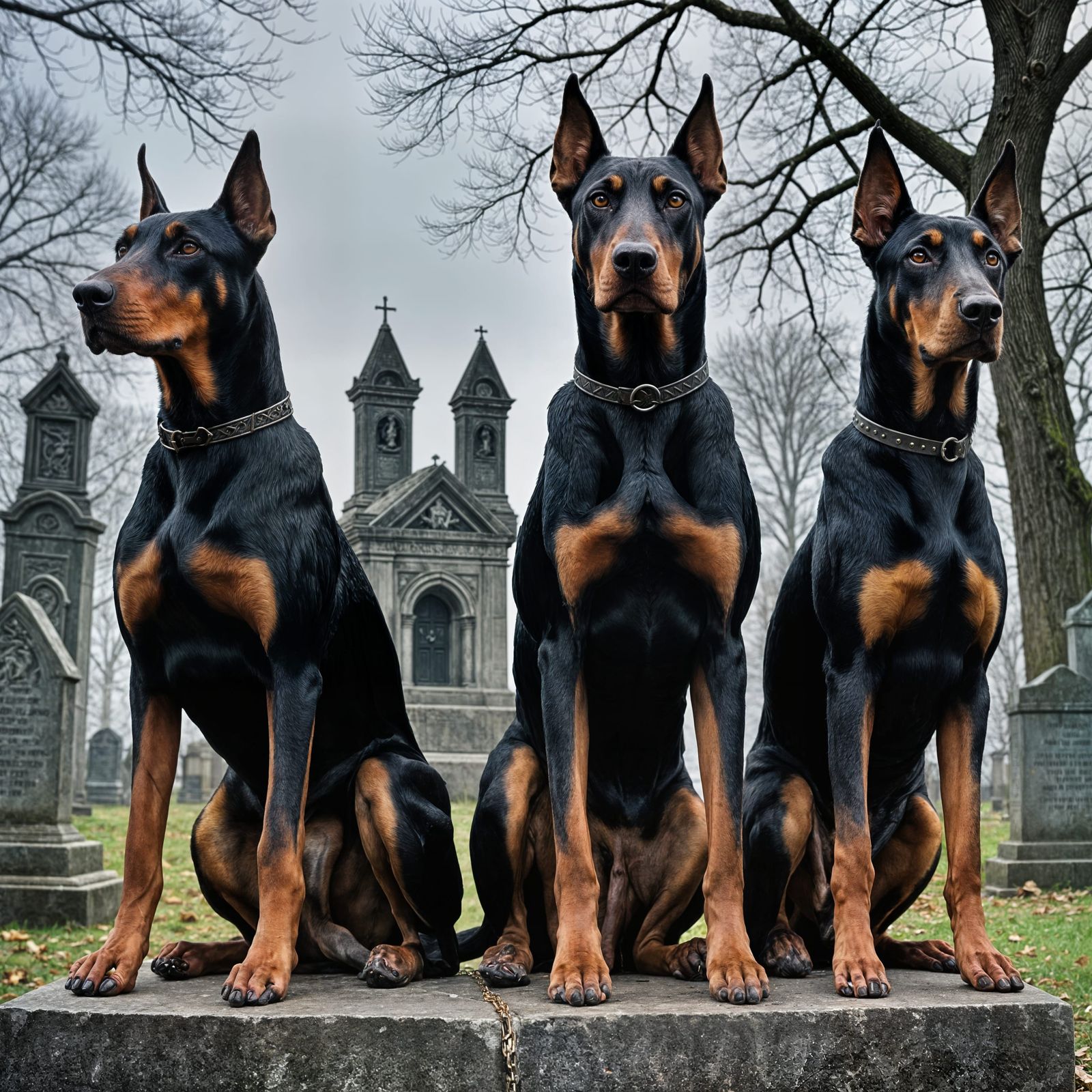 Demonic Dobermans Guarding Graveyard Mausoleum