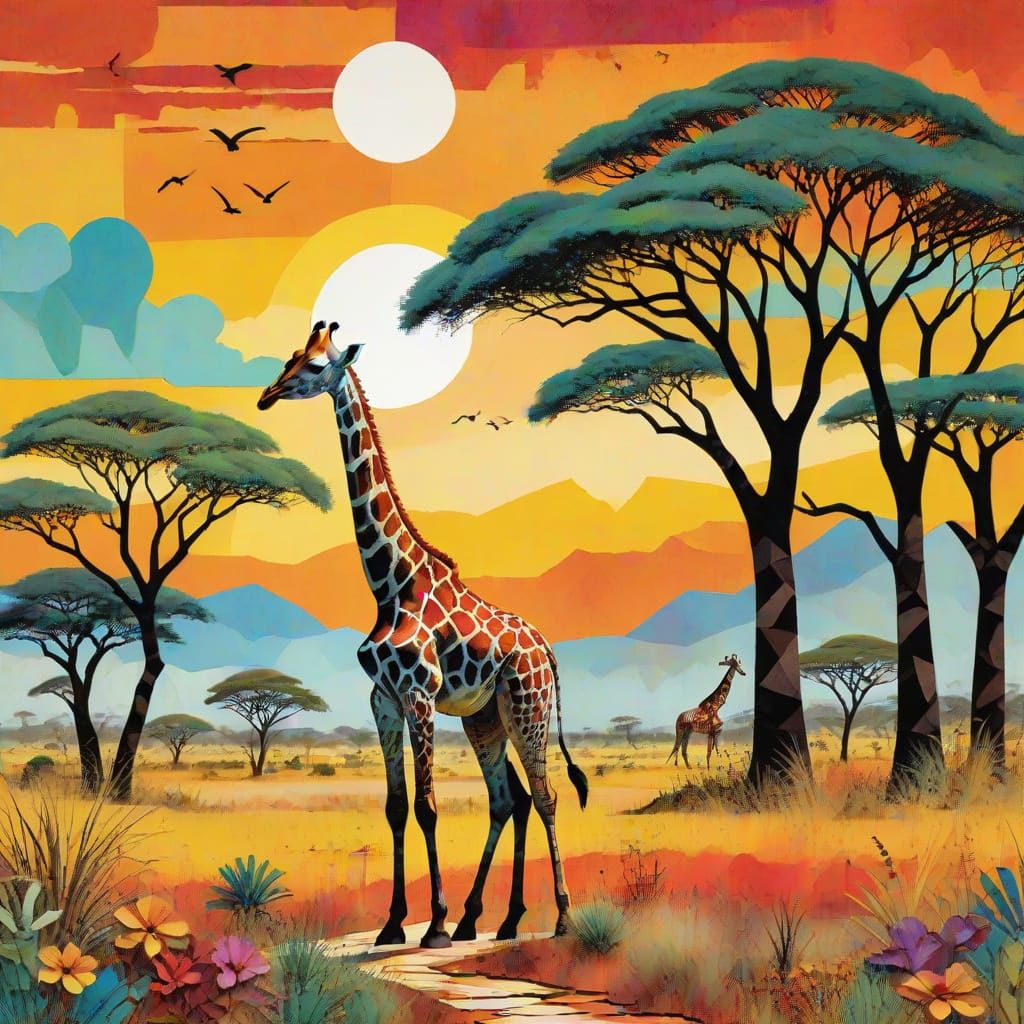 Vibrant Collage of a Giraffe in African Savanna Landscape