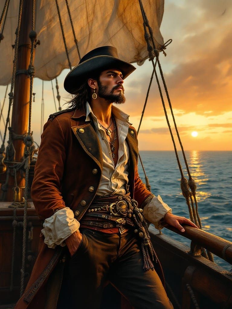 Pirate Captain on Deck in Oil Painting Style