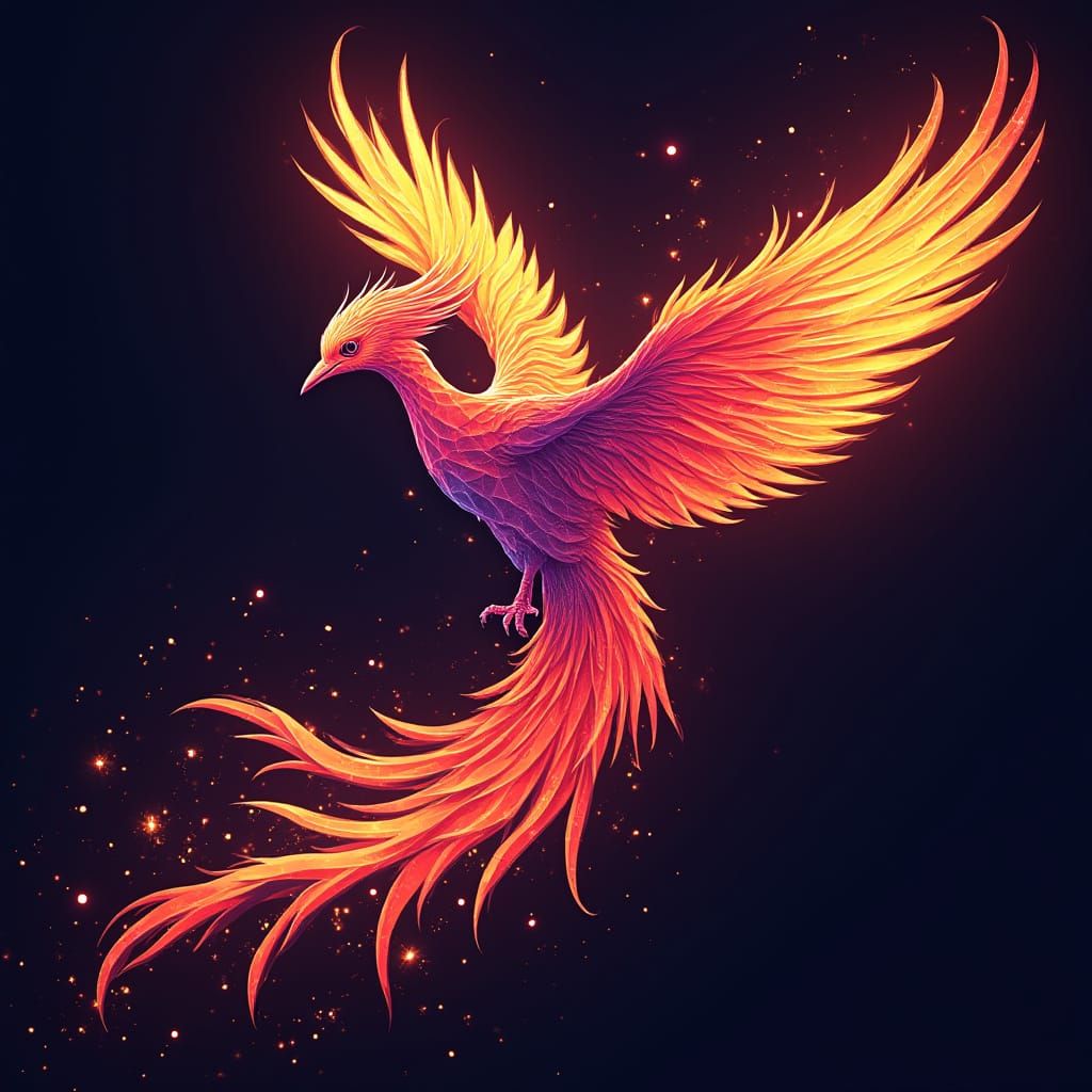 Geometric Phoenix Rising in Neon Flames