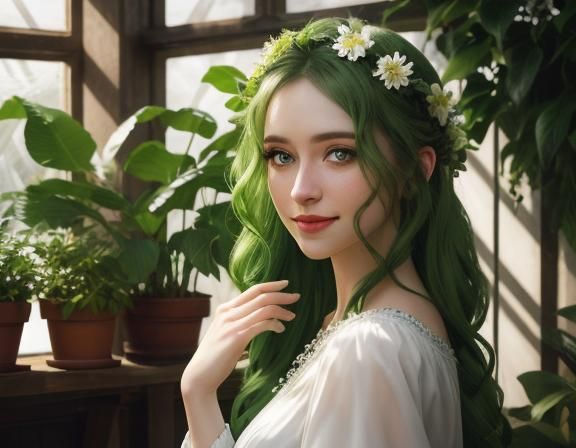 Green-Haired Girl Posing in Greenhouse Portrait