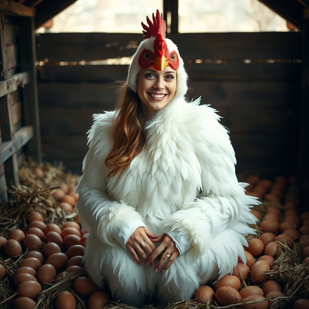 Woman in Hen Costume in Cozy Chicken Coop