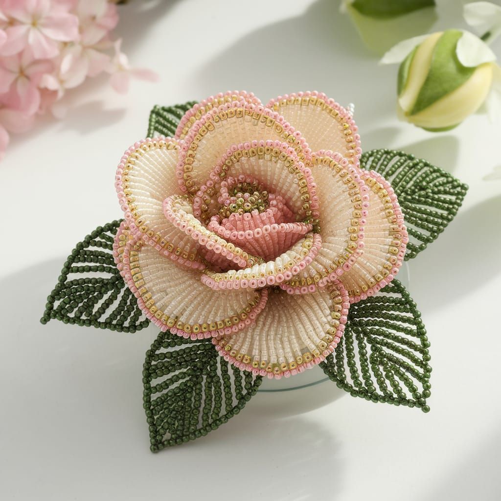 Detailed 3D Beaded Rose Flower Design