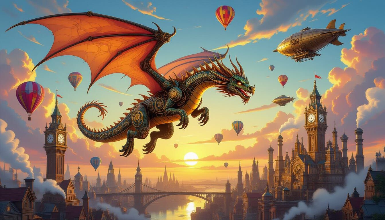 Clockwork Dragon Over Steampunk City