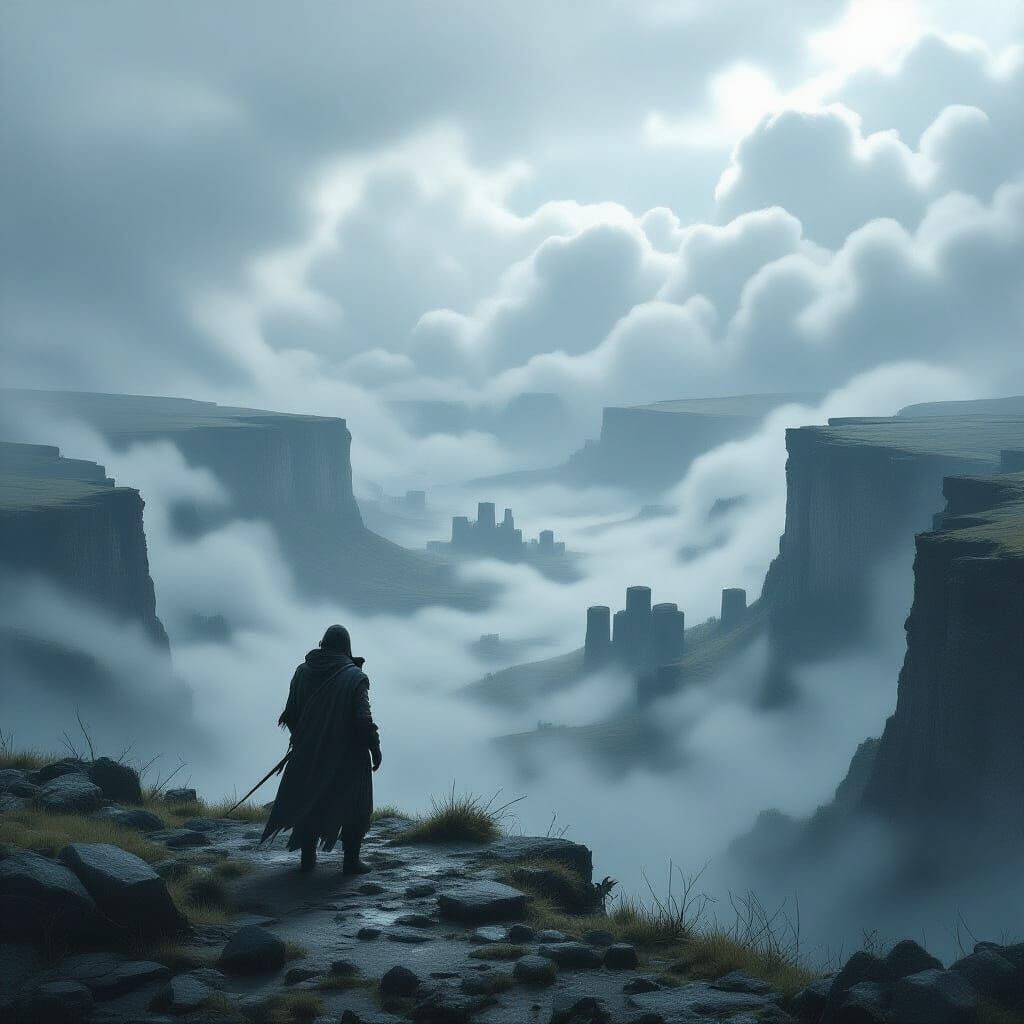 Hunter Overlooking Misty Valley in Gritty Hyperrealism