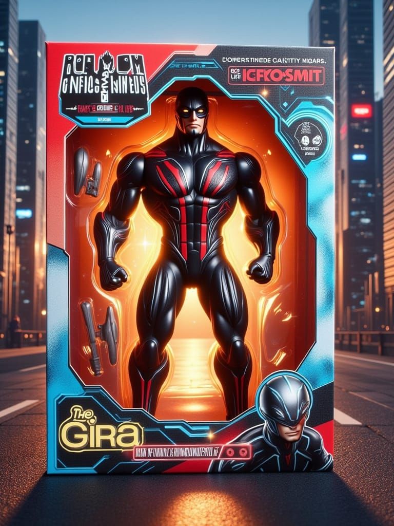 A stylized action figure box design featuring a dynamic hero character in an action pose, enclosed in a clear plastic wi...
