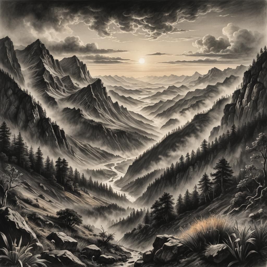 Mountain Landscape in Iris: Charcoal Drawing