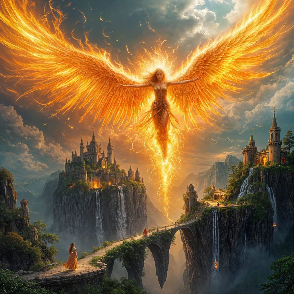 Fire Angel Soaring Over Fantasy Realm