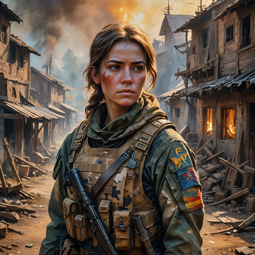 Female Soldier in Battle Scarred Village as Oil Painting