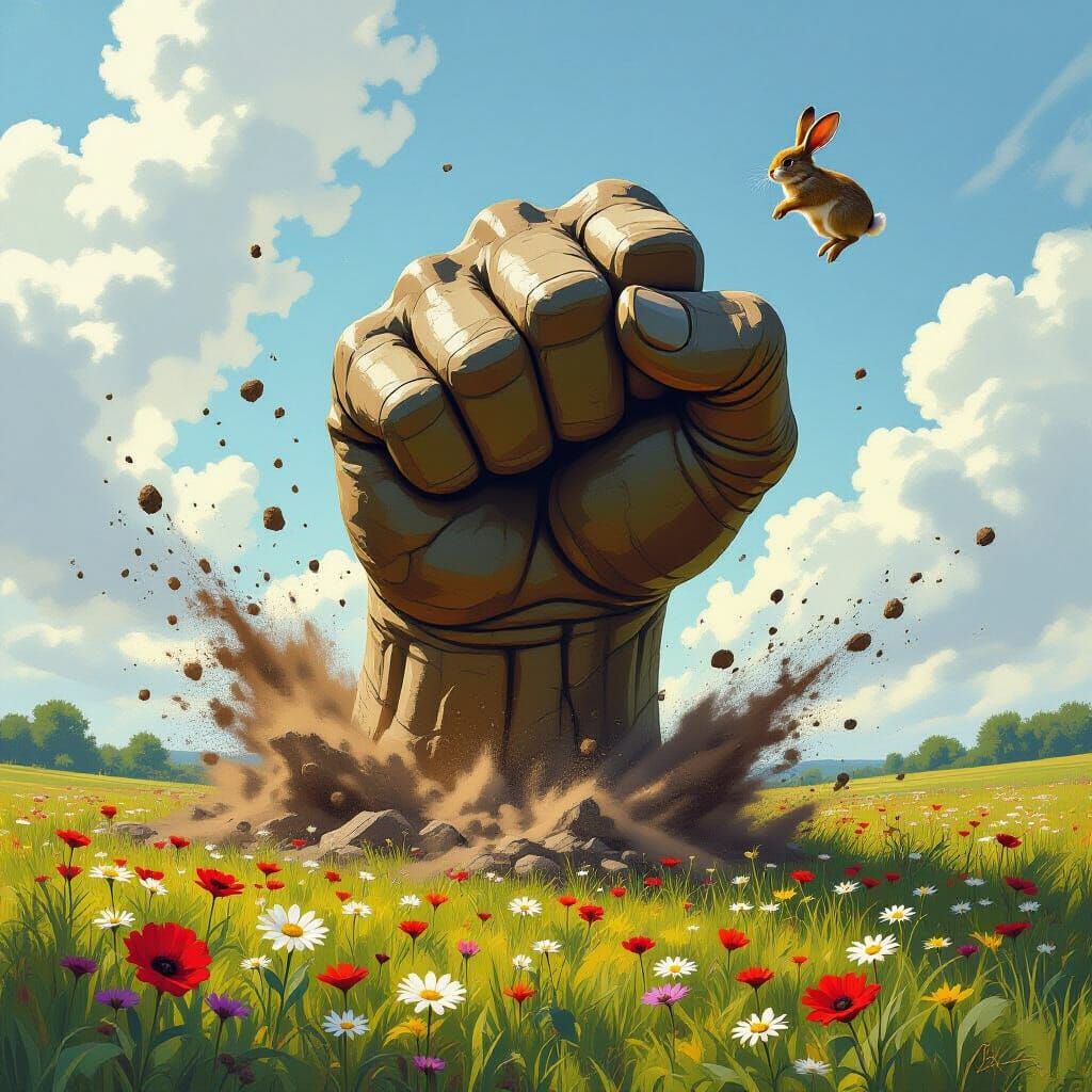 Colossal Stone Fist Erupts From Field, Launching Rabbit