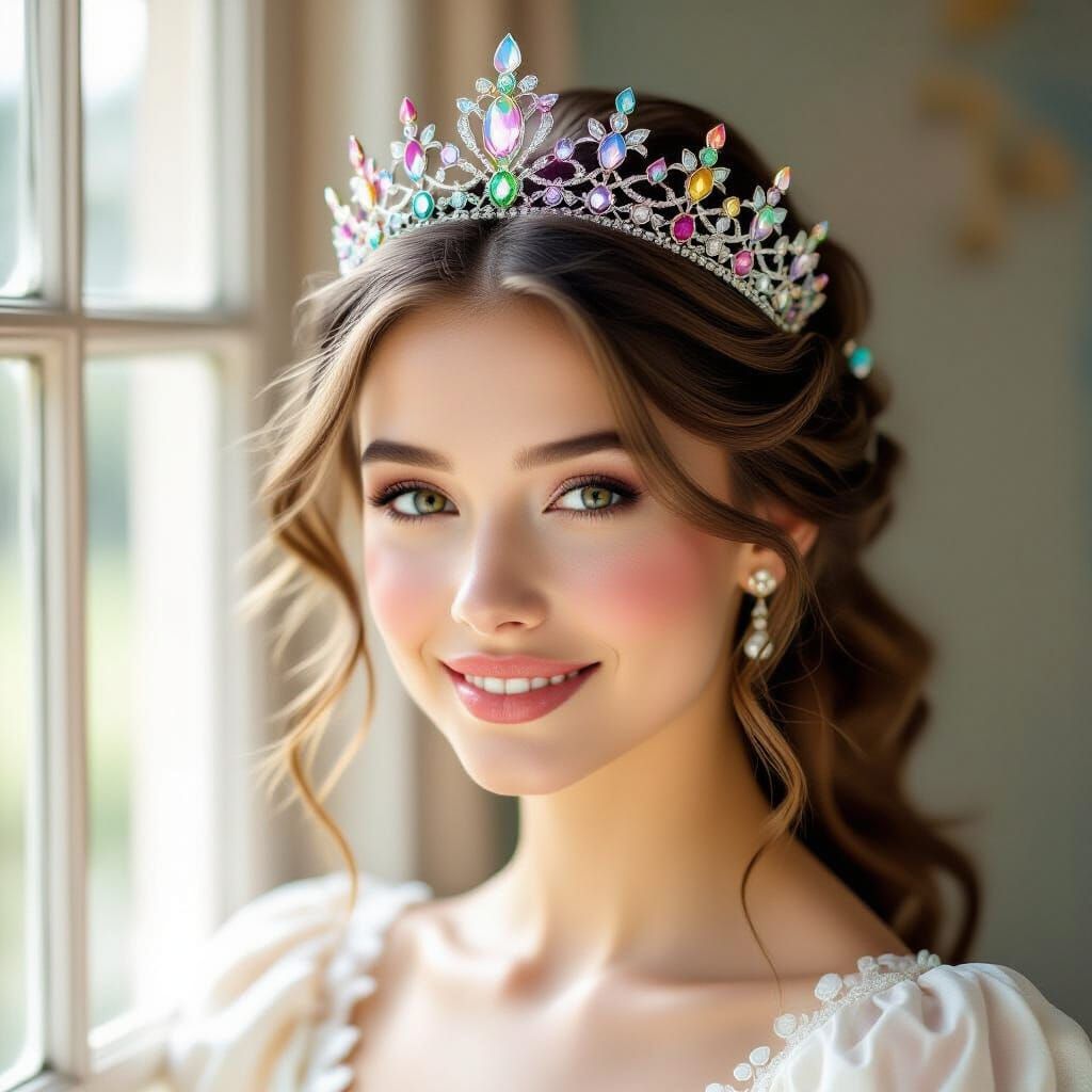 Ethereal Young Queen With Pastel Crown, Pre-Raphaelite Style