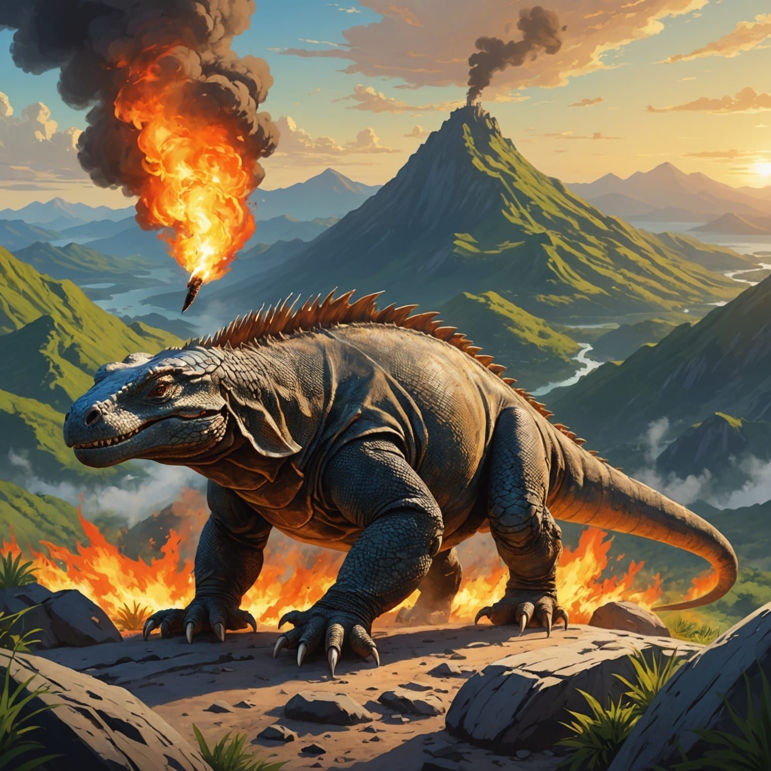 Fiery Komodo Dragon on Mountain in Anime Style