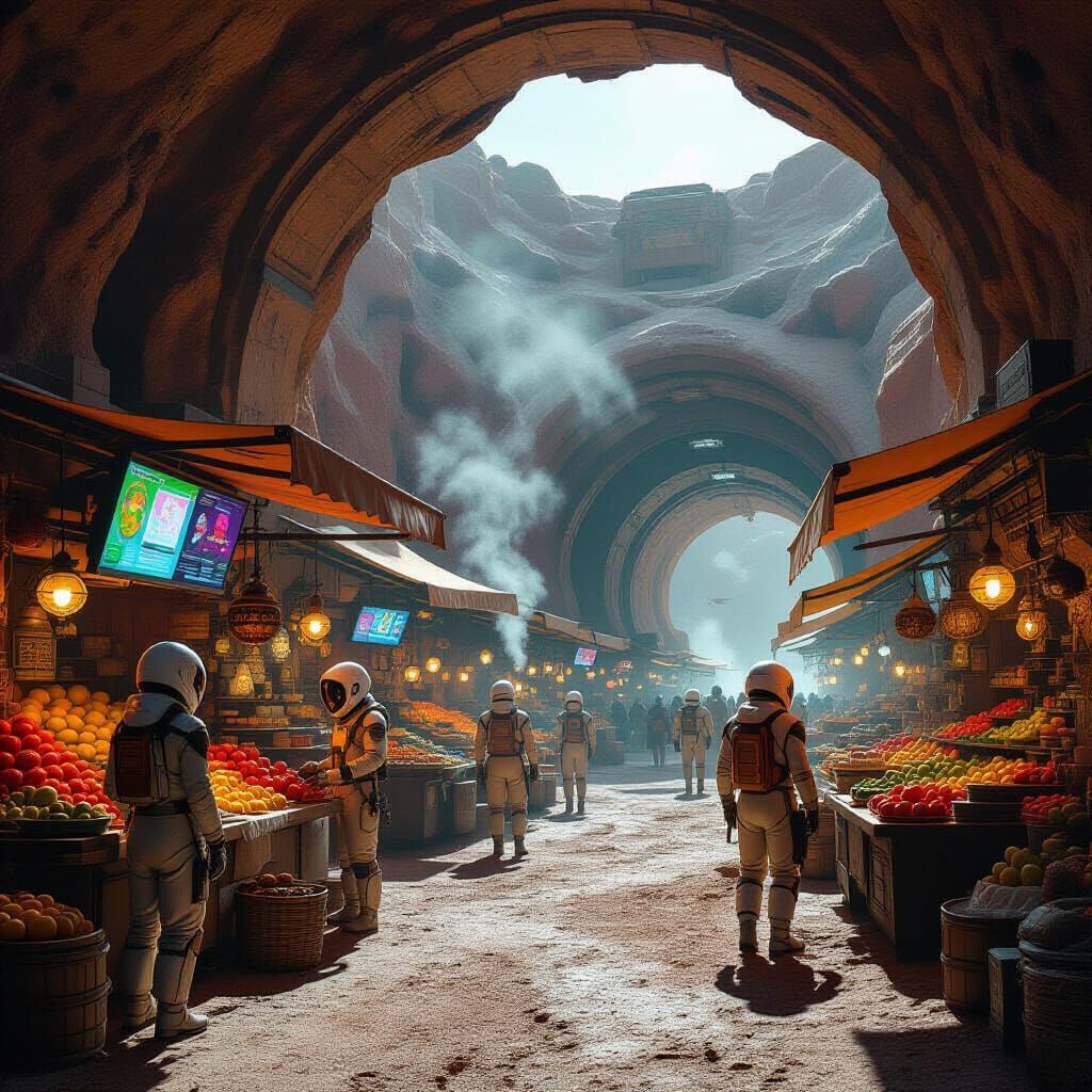 Martian Subterranean Market Scene in Cyberpunk Style