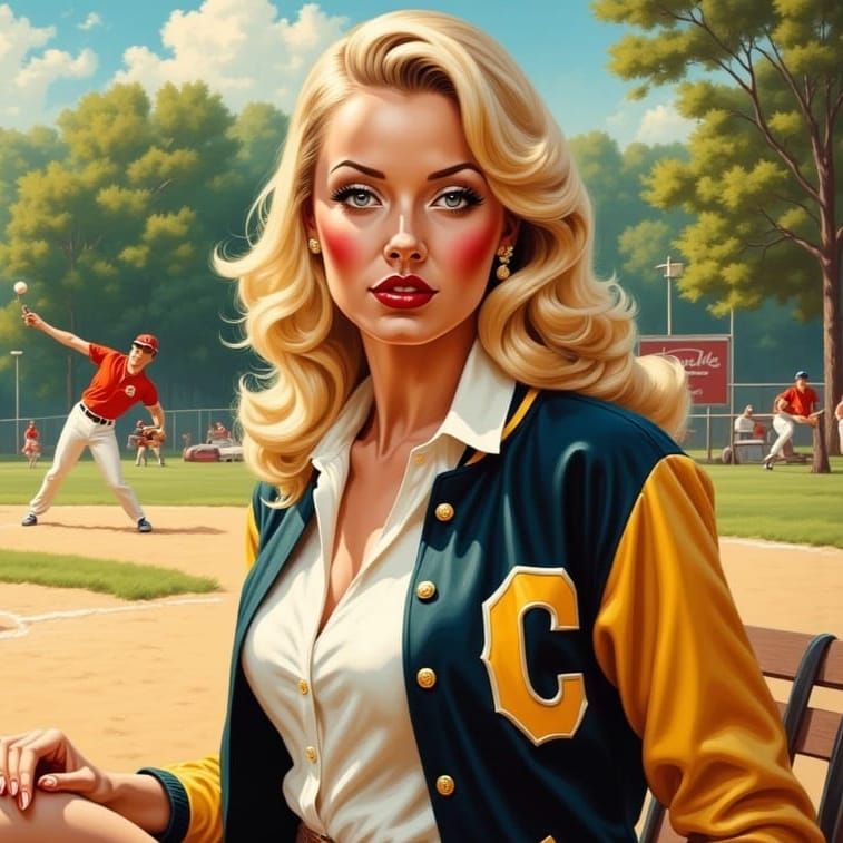 Nostalgic Oil Painting of 1970s Woman in Letterman Jacket