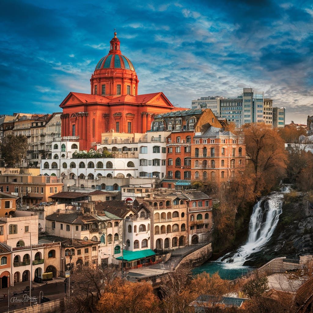Vibrant Cityscape with Waterfall: Architectural Harmony