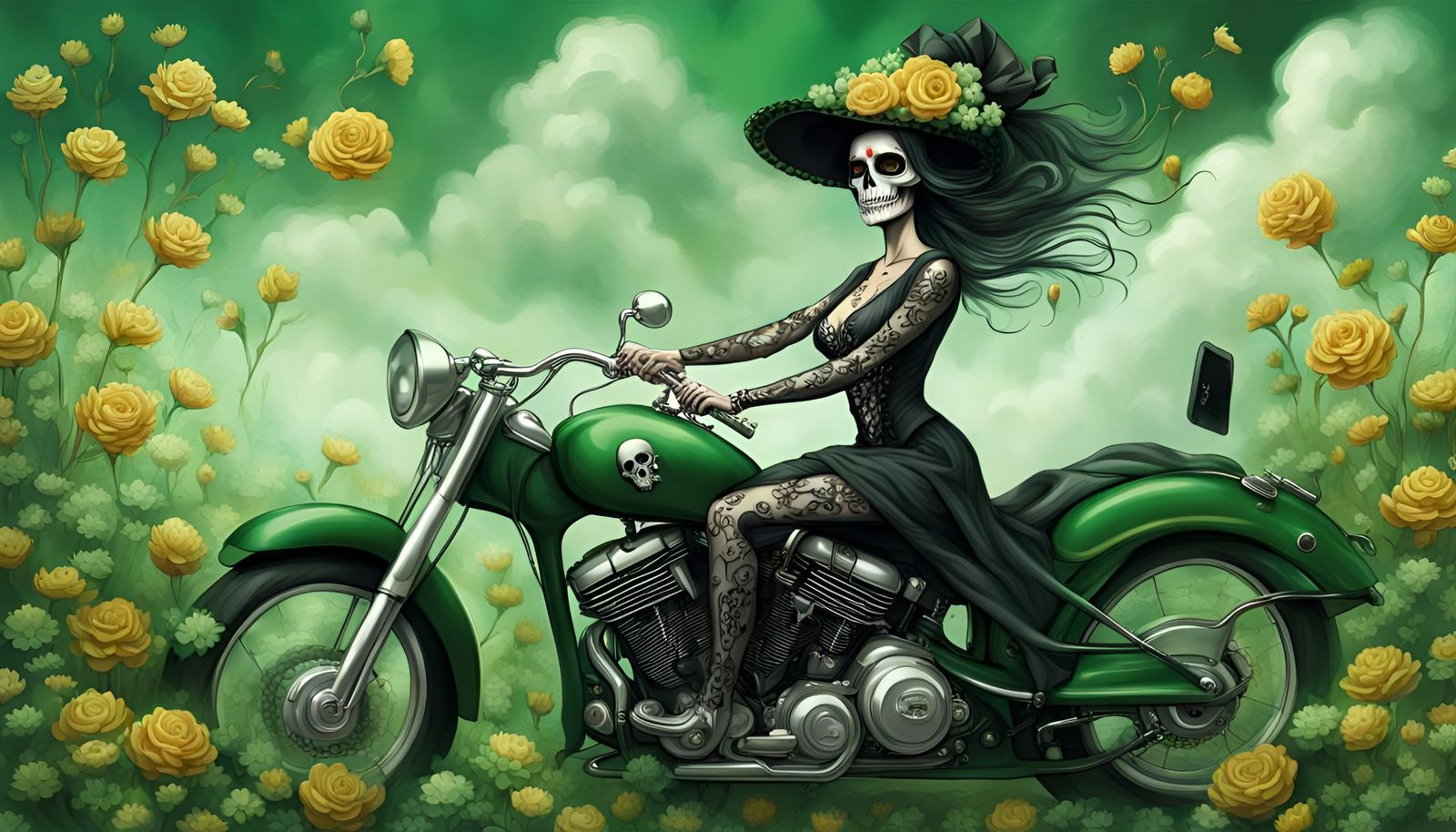 Catrina Skull on Motorcycle in Baroque Fantasy