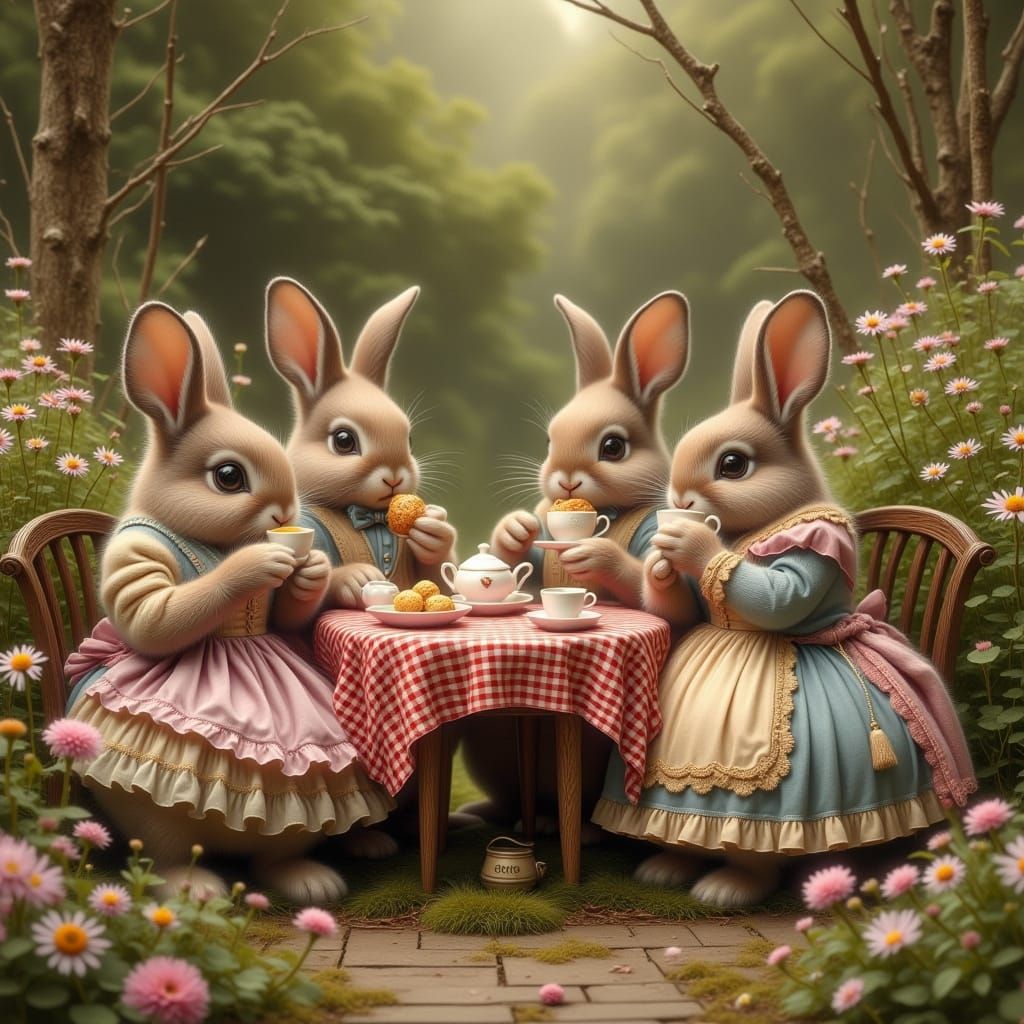 In a tranquil garden setting, four anthropomorphic bunnies c...