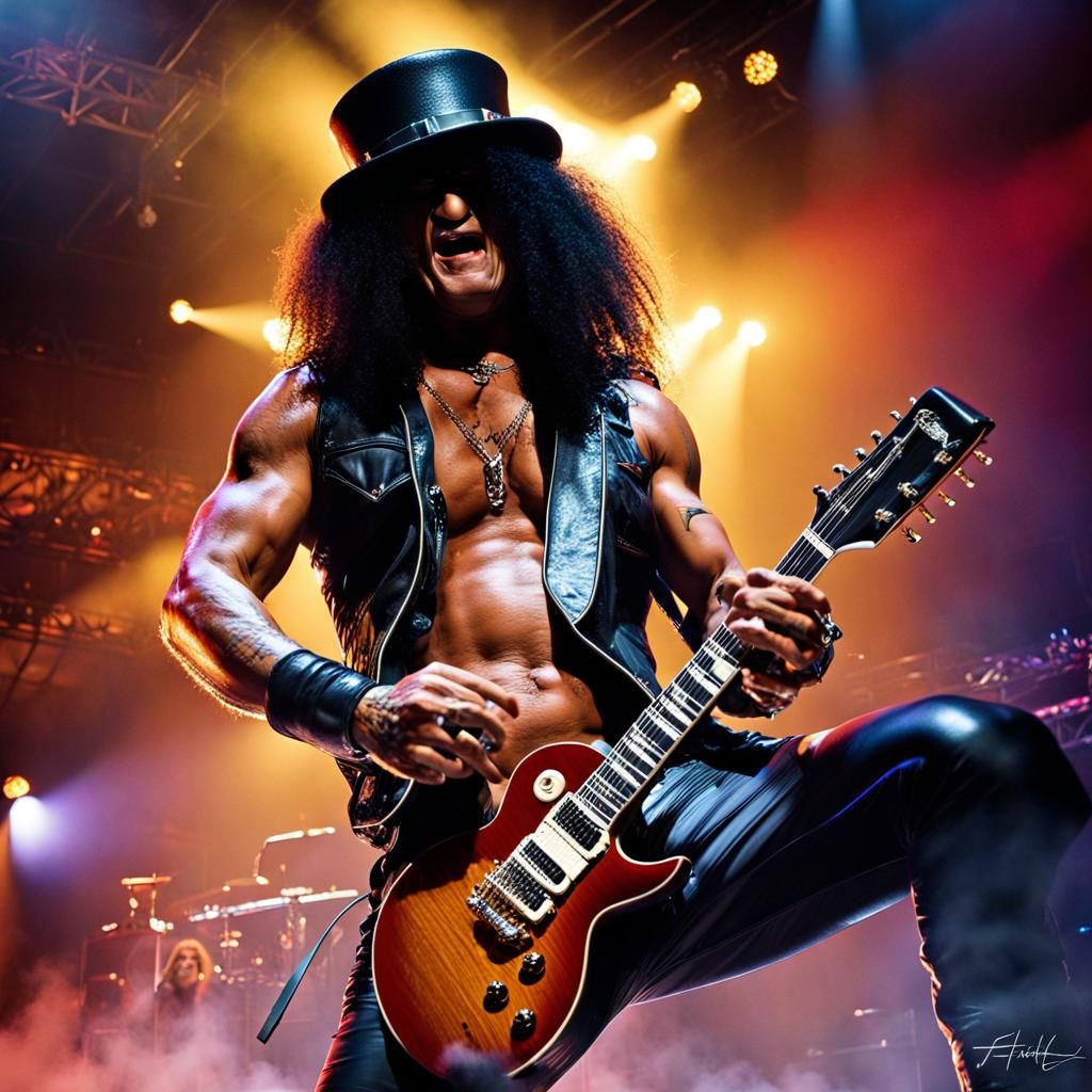Slash Guitar Solo on Stage, Detailed Matte Painting