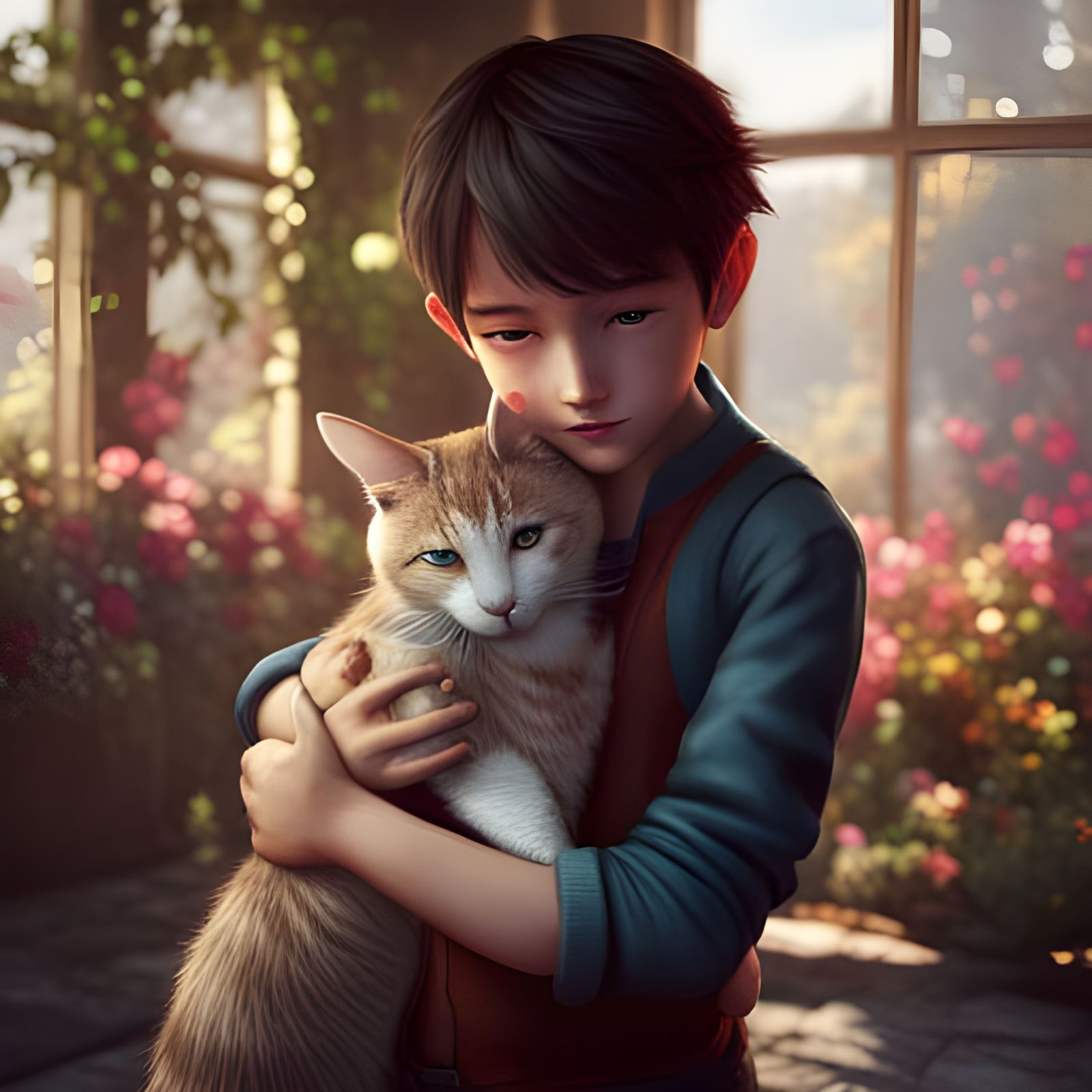 Boy's Joy: Hugging Cat in a Flower Garden