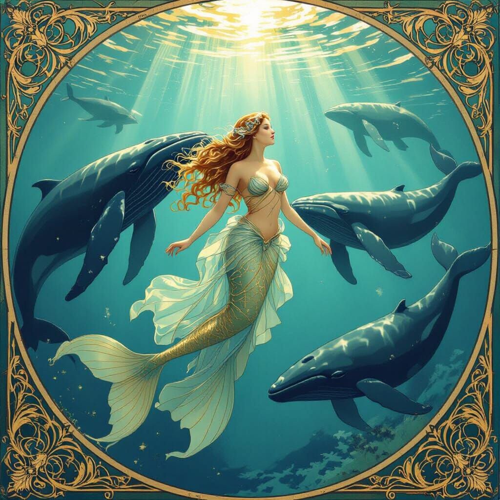Golden Mermaid and Whales in Art Nouveau Style