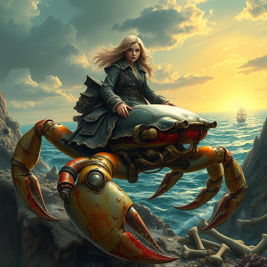 Pirate Woman Rides Crab Across Sunburnt Horizon