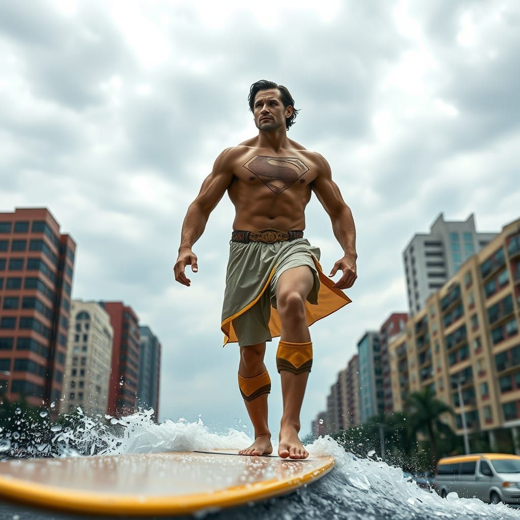 Hercules Superman Surfing Cityscape in Beige Costume
