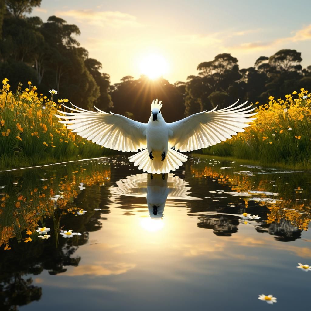 Cockatoo in Flight Reflecting in Water