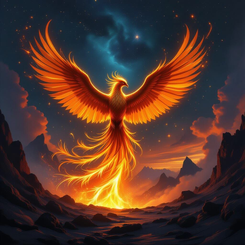 Golden Phoenix Erupts from Volcano Under Nebula Sky