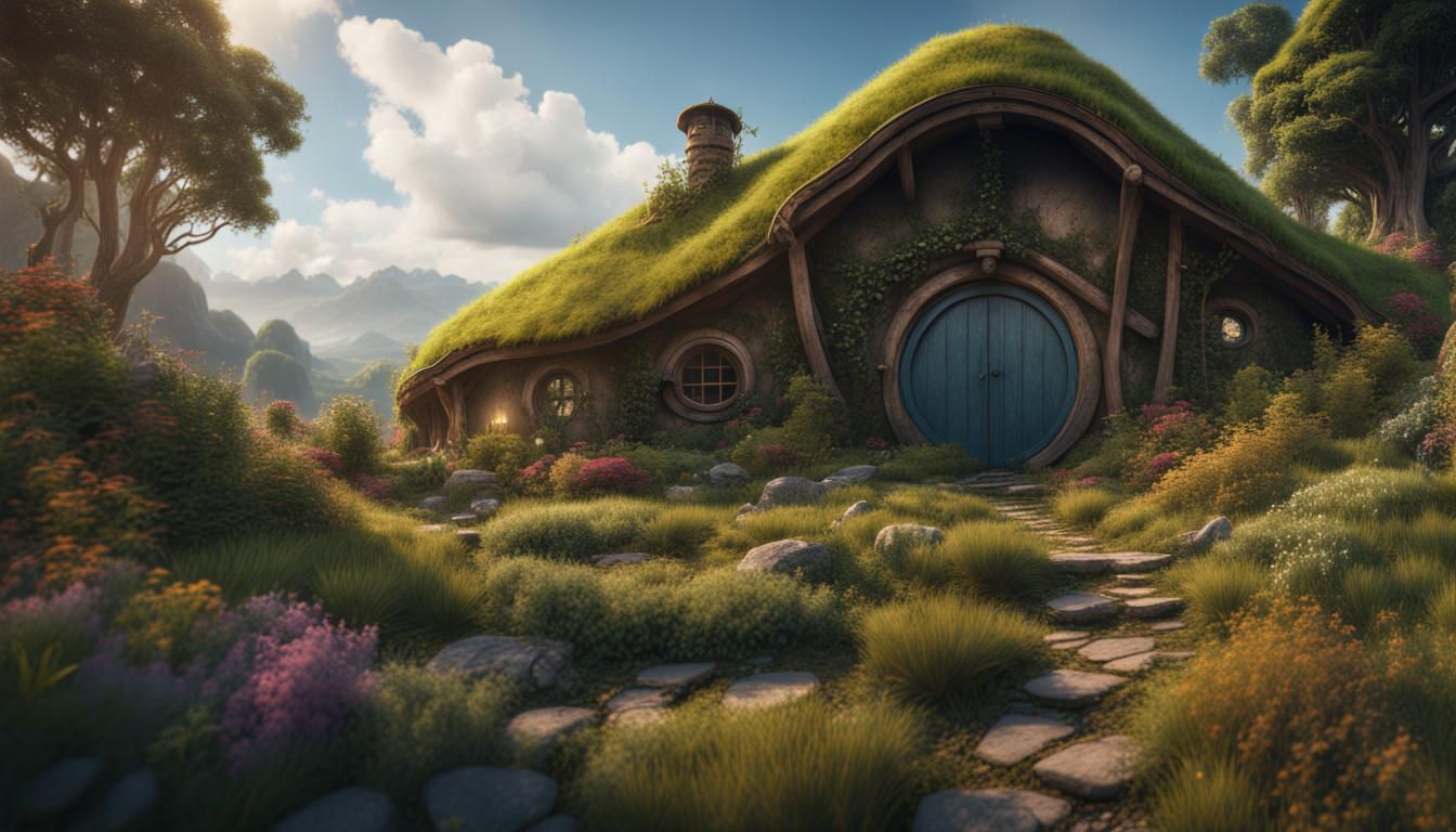 Fantastical Hobbit House in Lush Landscape