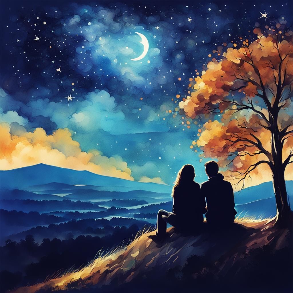 Couple Gazing at Night Sky in Watercolor Painting