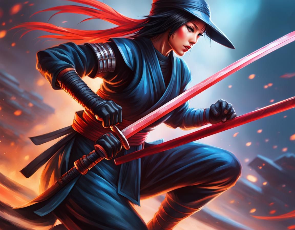 A beautiful female ninja warrior in full ninja gear, Ukiyo-e action painting airbrush art digital illustration wet brush...