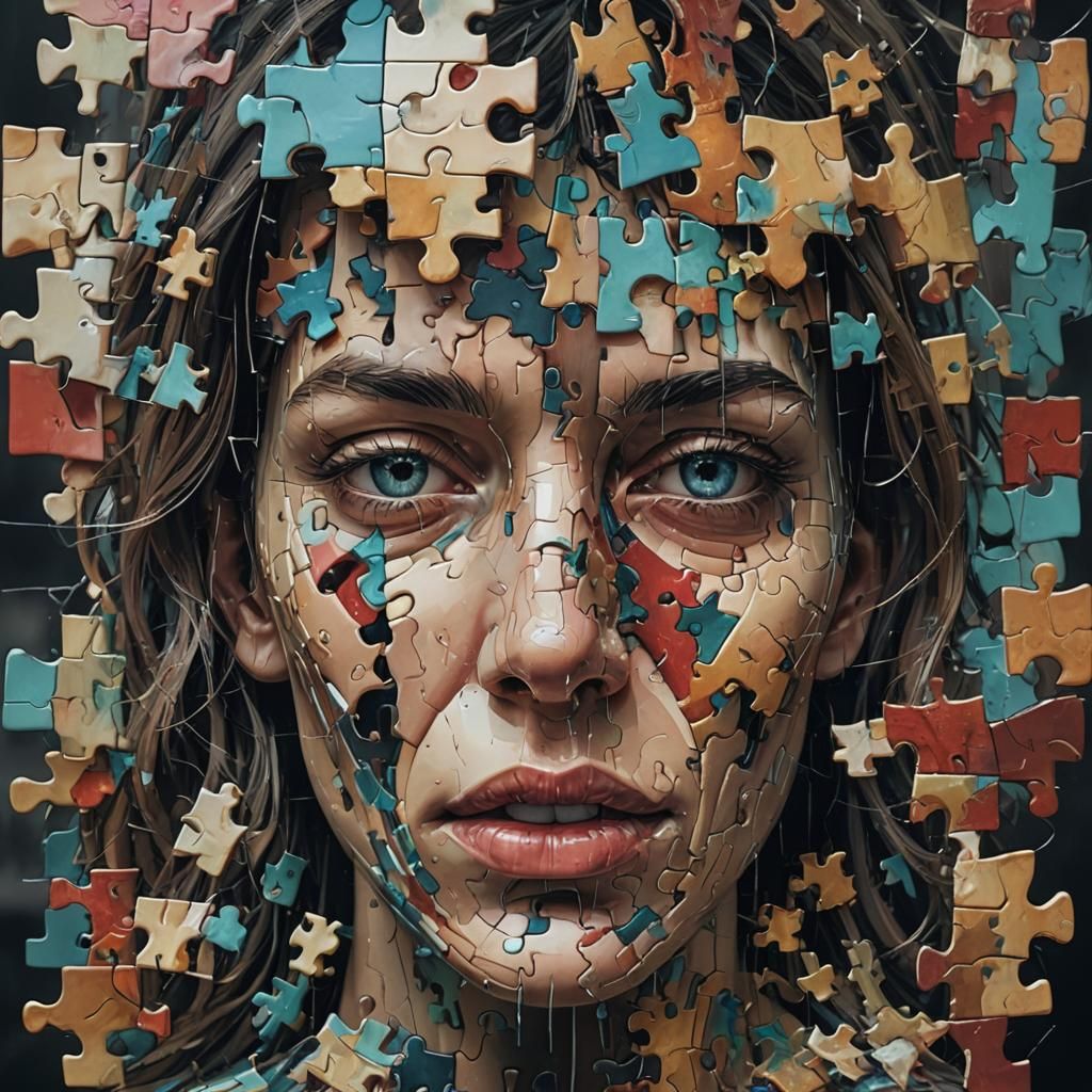 Fragmented Face Puzzle: Surreal Digital Anaglyph Collage