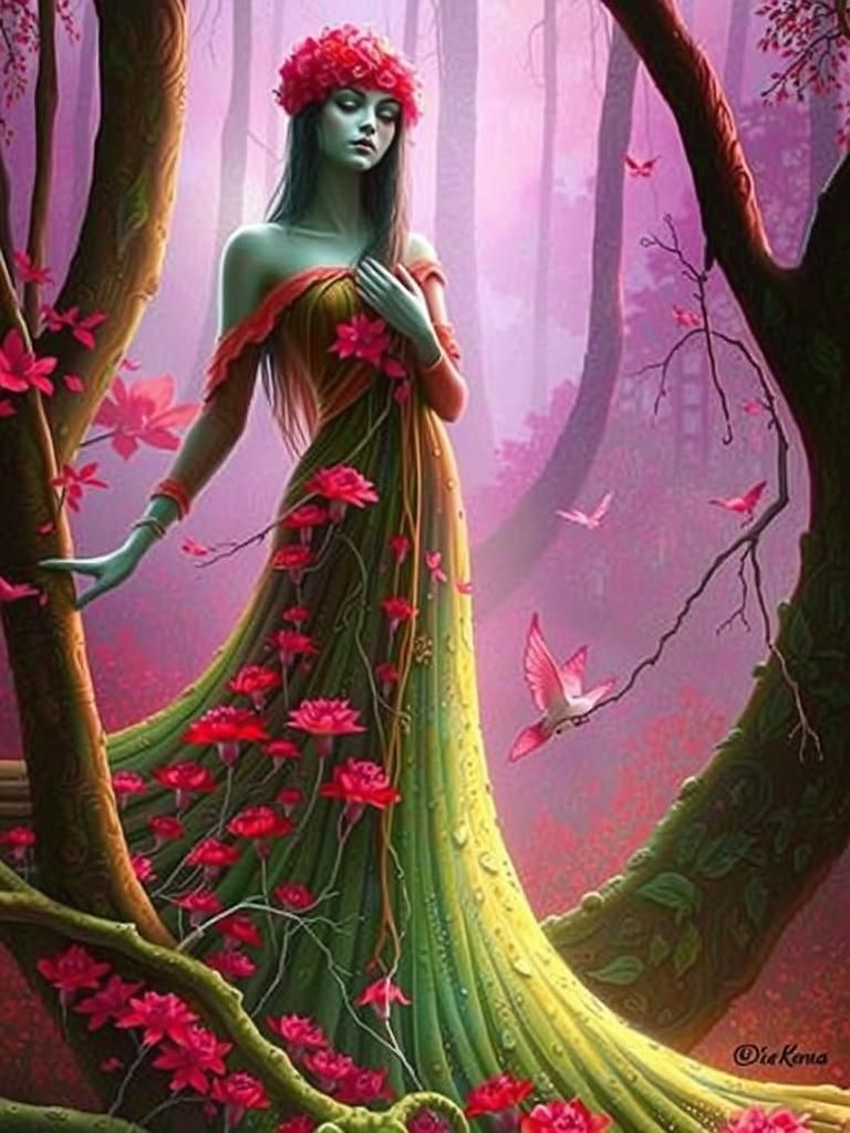 Fairytale Tree-Woman with Birds and Flowers