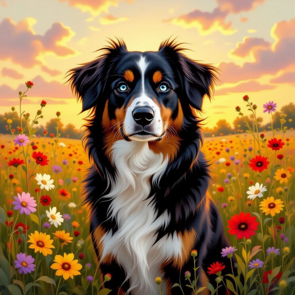 Dog Portrait in Pre-Raphaelite Style with Wildflowers