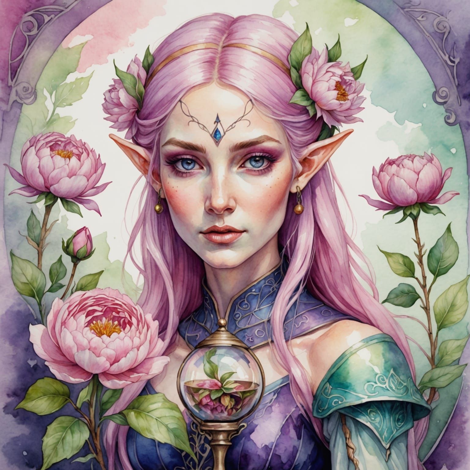 Elegant Pink Haired Elf with Peony, Watercolor Style