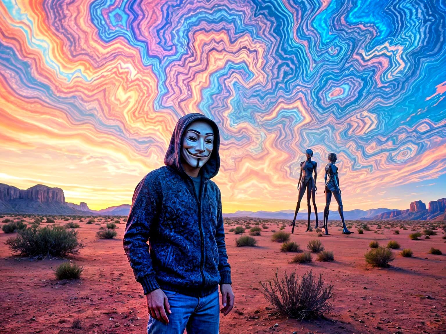 Seeing Anonymous Ray (mask on) with the colors of the sky shifting in the desert
