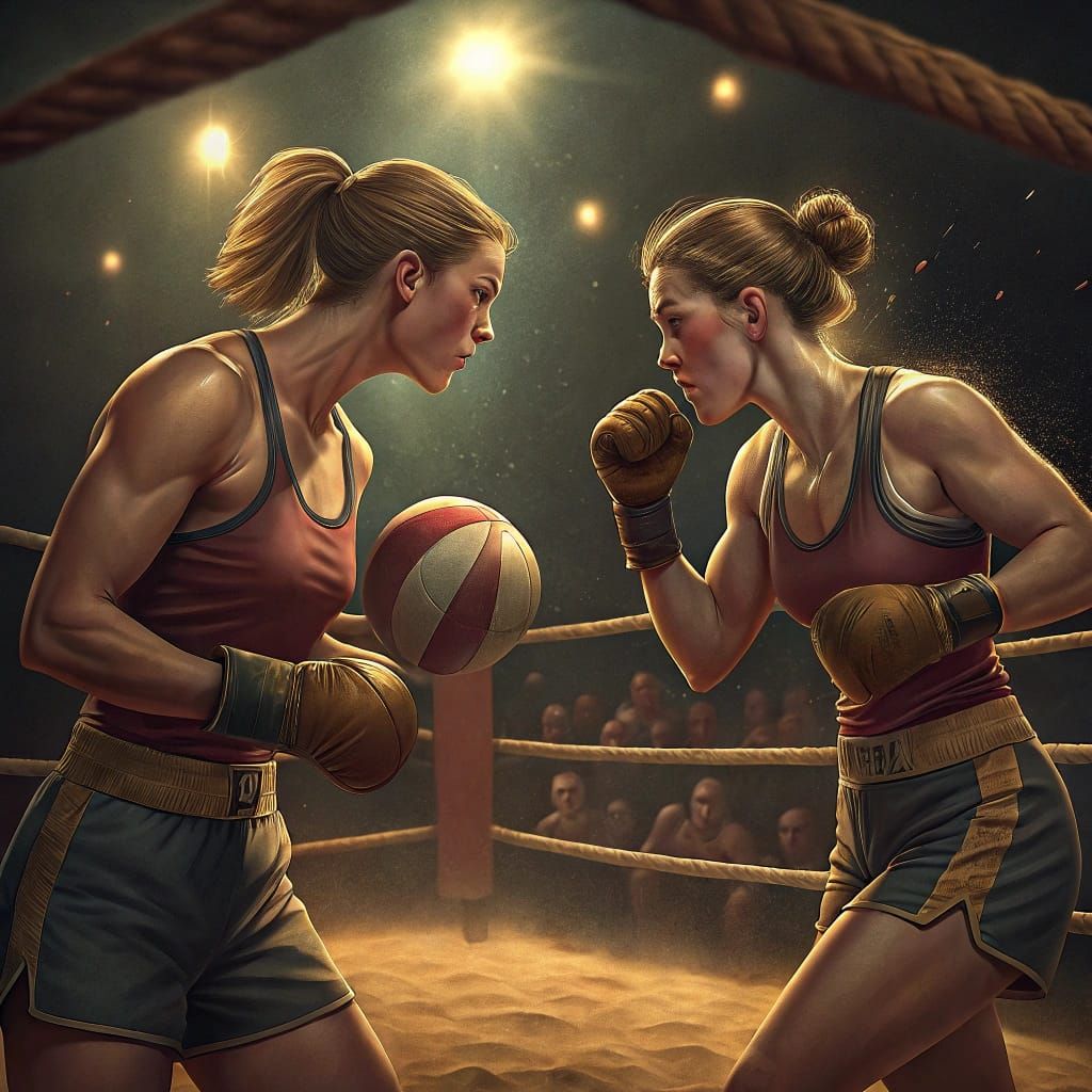 Vibrant Female Boxers in Action, Volleyball in Hand