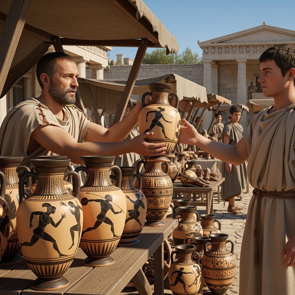 Ancient Greek Agora Scene with Black-Figure Amphorae