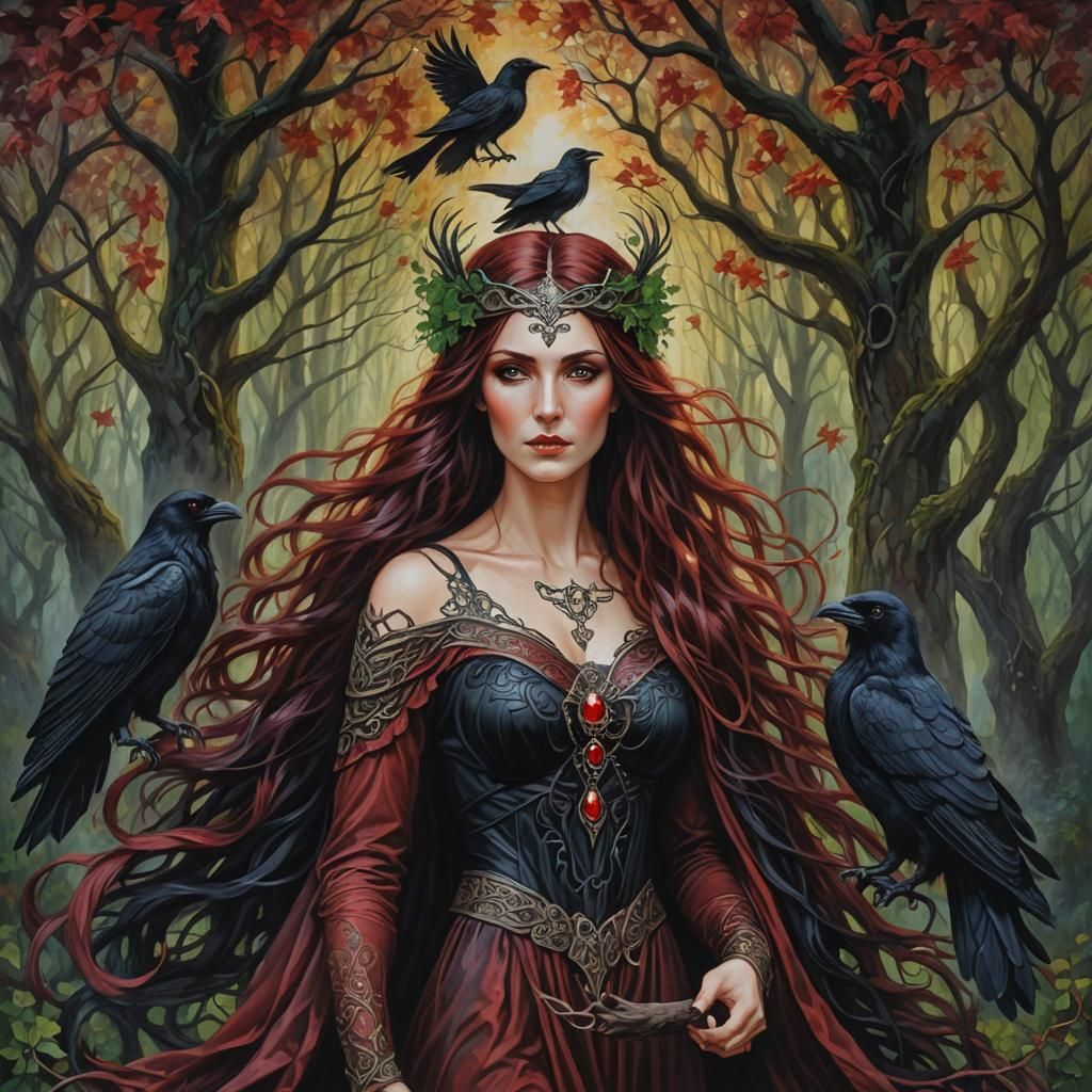 Celtic Goddess Morrigan in Forest Oil Painting
