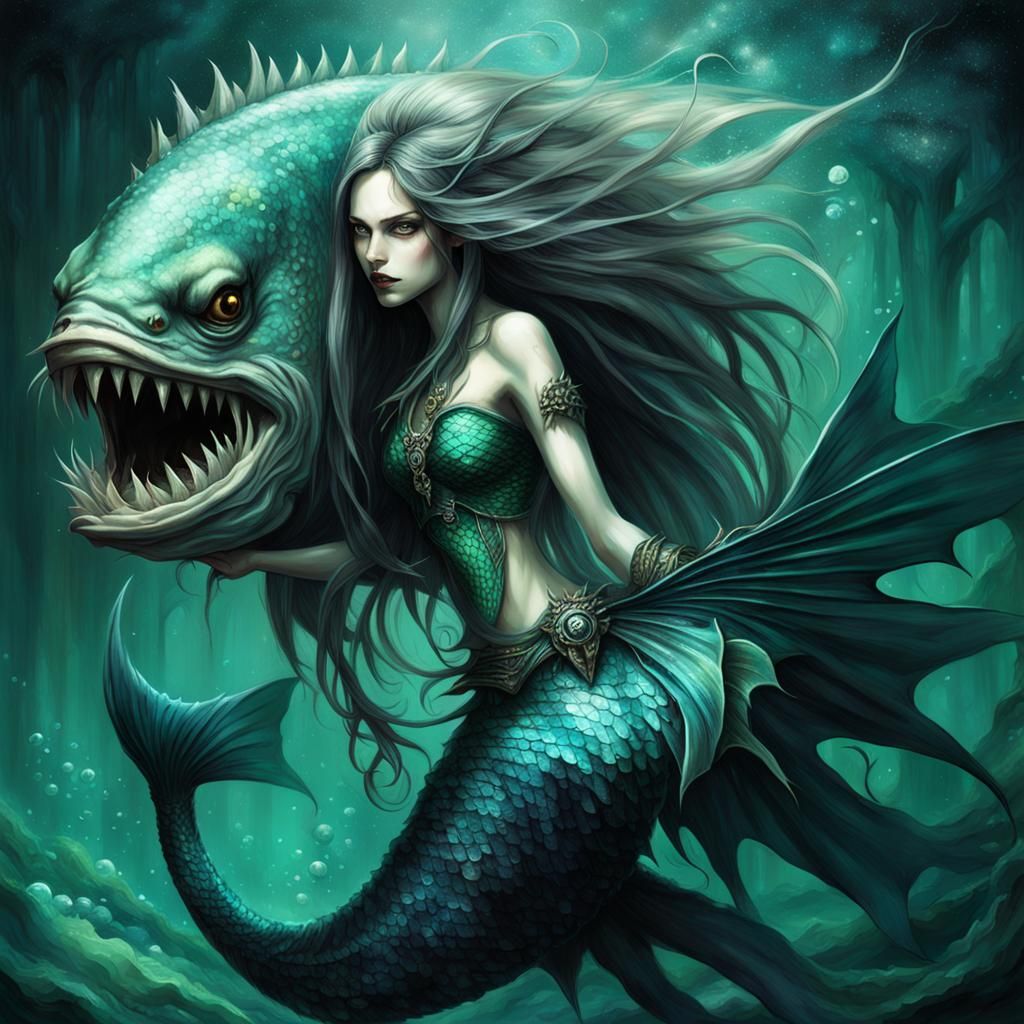 Gothic Mermaid in Dark Fantasy Style with Sharp Fangs and Sp...