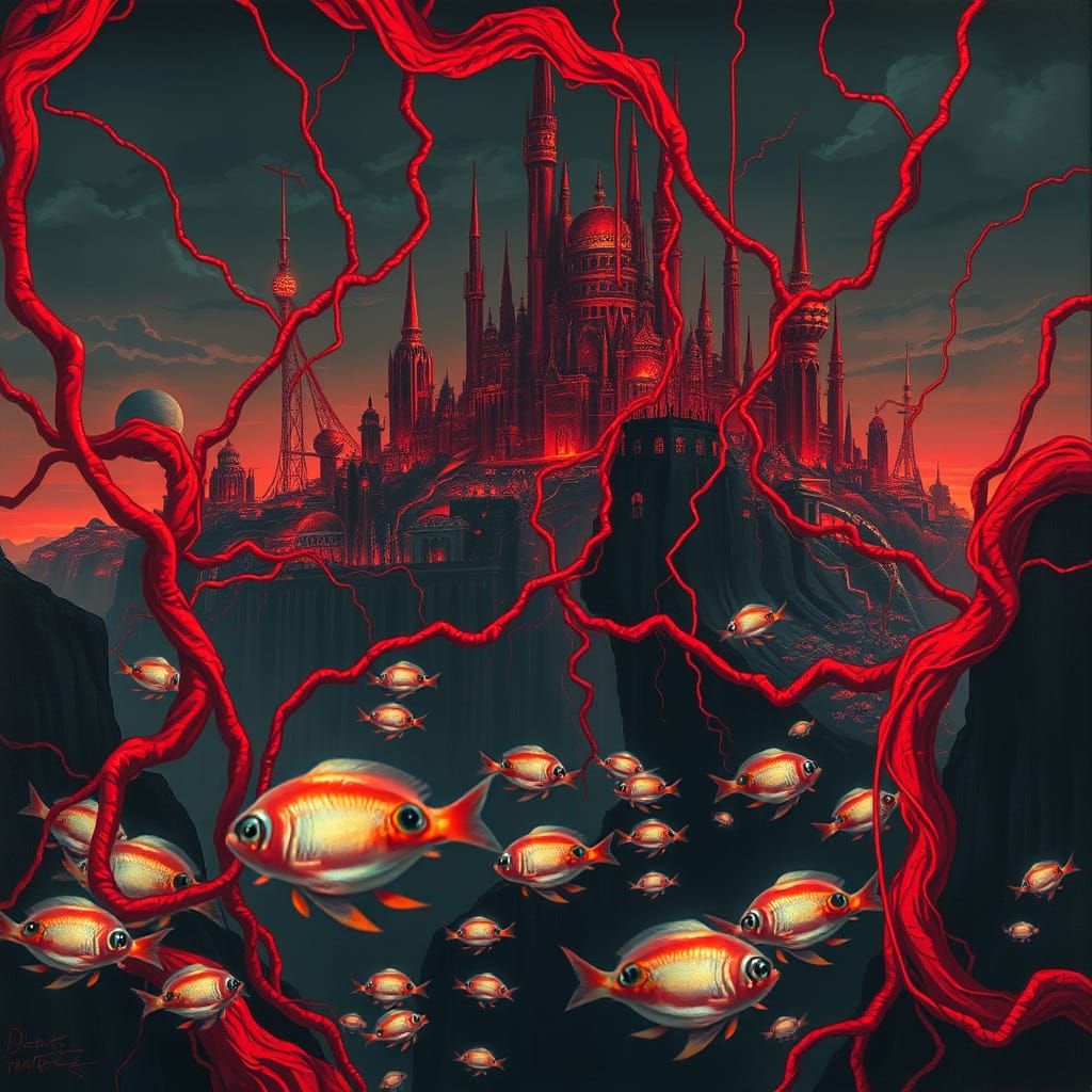 Surreal Crimson Metropolis in Abstract Cubist Style