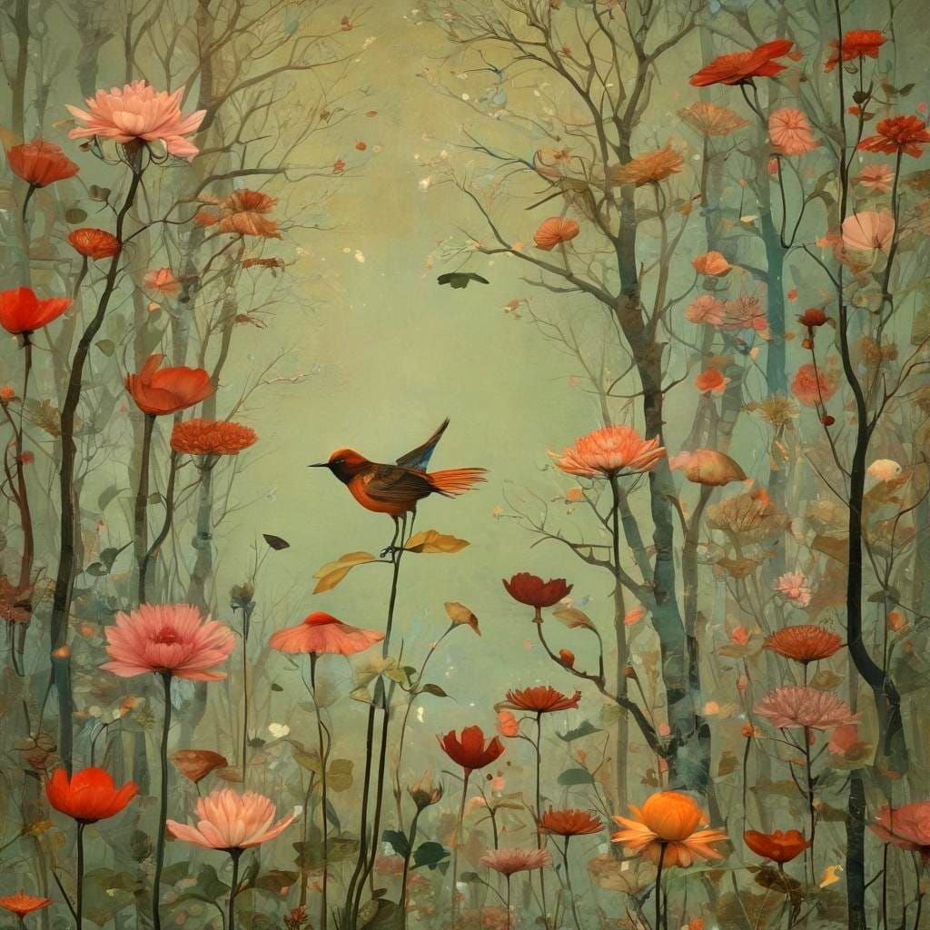 Surreal Floral Scene in Whimsical, Dark Poster Art Style